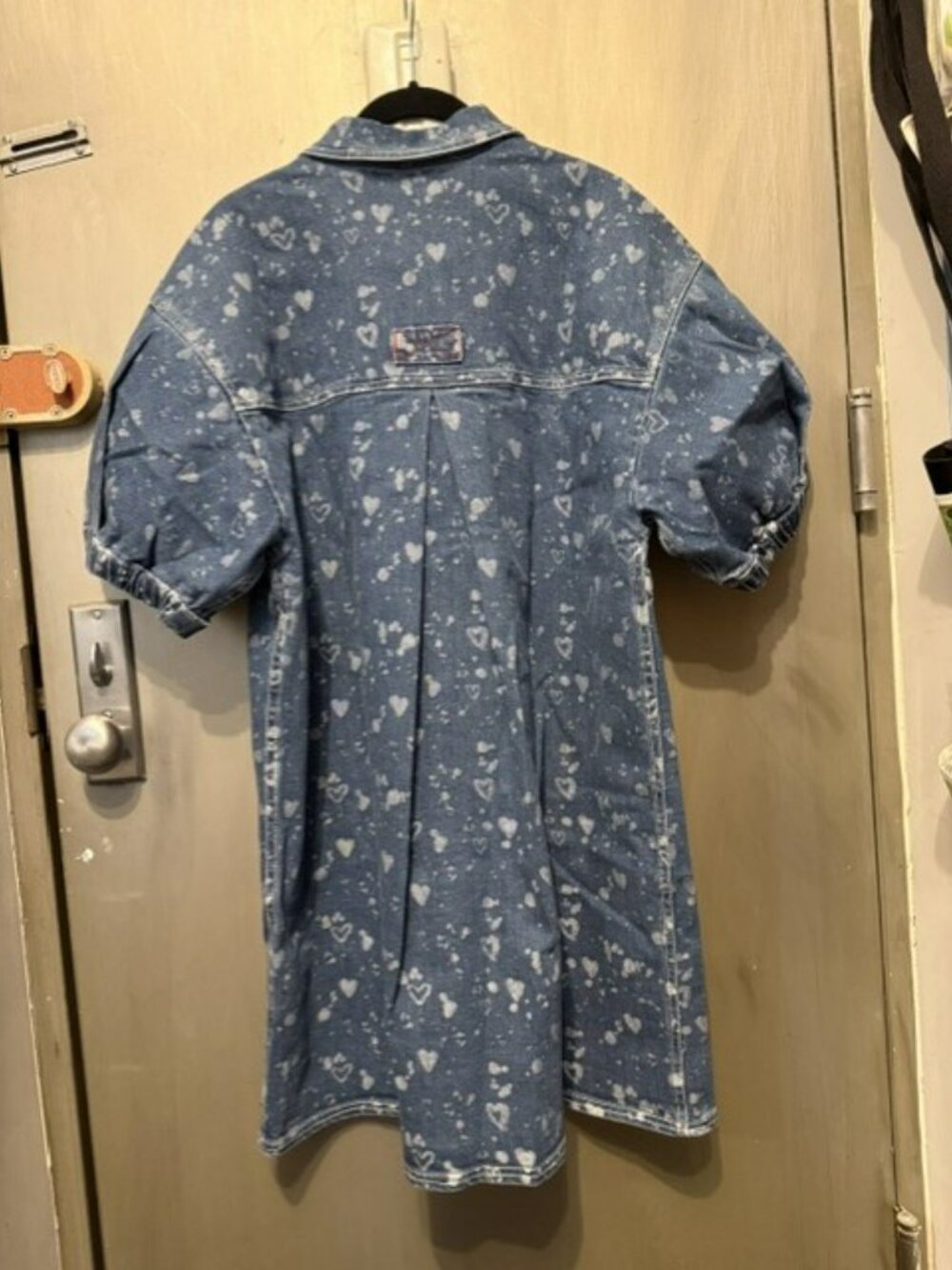 Pilcro Heart Print Denim Button-down Shift Mini Dress with Puff Sleeves - Picture 11 of 16